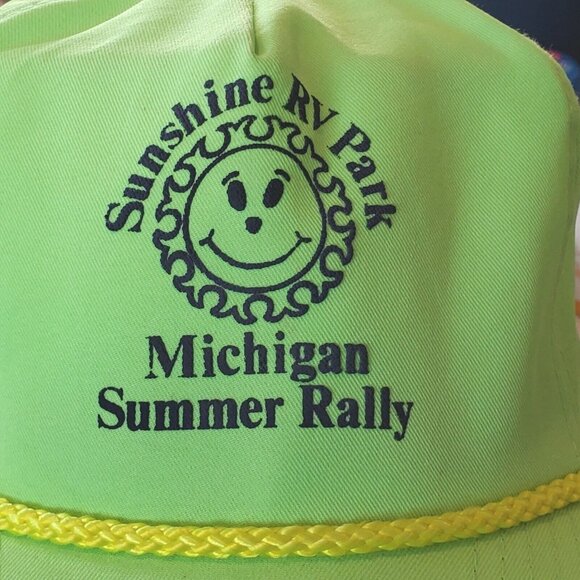Retro 90s Neon Green Trucker Rope Hat Cap Snapback Sunshine RV Park Michigan Sum - Picture 2 of 10